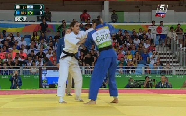 Israeli judoka Yarden Gerbi battles Brazil's Mariana Silva in the Olympic women's judo under-63 kilograms competition in Rio de Janeiro, August 9, 2016. (screen shot Channel 55) Israeli judoka Yarden Gerbi battles Brazil's Mariana Silva in the Olympic women's judo under-63 kilograms competition in Rio de Janeiro, August 9, 2016. (screen shot Channel 55)