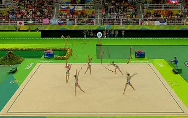 Israel's rhythmic gymnastics team performing in the Olympics in Rio on August 21, 2016. (screen capture: Channel 5) 