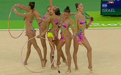 Israel rhythmic gymnastics team competing in the finals at the Rio Olympics on August 21, 2016. (screen capture: Channel 5)
