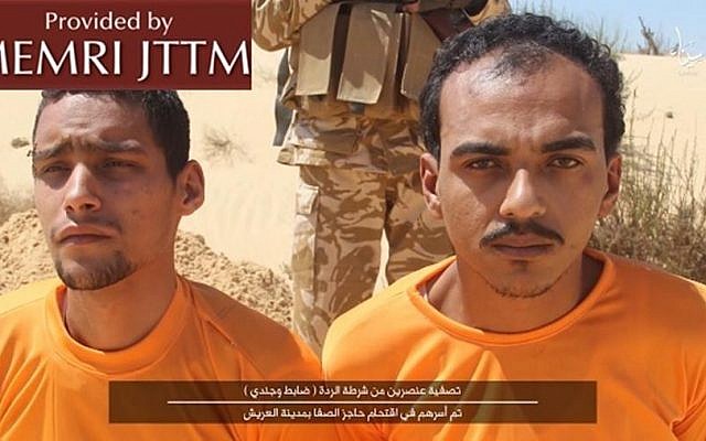 Egyptian army officer Mohammad Abd Al-Raheem Al-Qalawi and soldier Majdi Majdi Mas'ad were killed in propaganda video released by the Sinai affiliate of the Islamic State group on August 1, 2016. (MEMRI) 