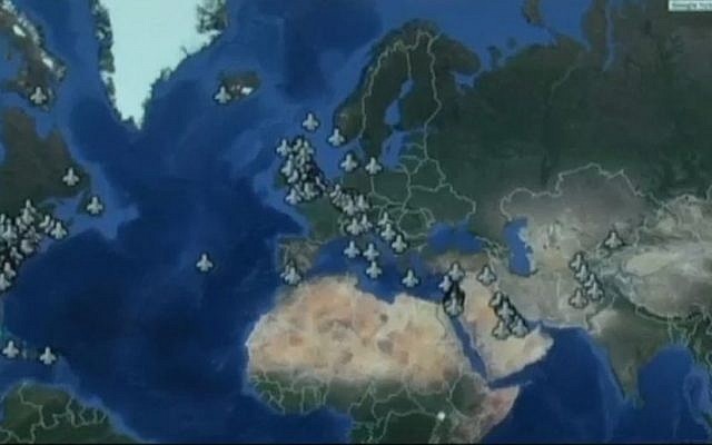A map plotting American air bases identified as potential targets by Islamic State members in a Telegram group hacked by an Israeli cyberintelligence company. (Screen capture: Channel 10) A map plotting American air bases identified as potential targets by Islamic State members in a Telegram group hacked by an Israeli cyberintelligence company. (Screen capture: Channel 10)