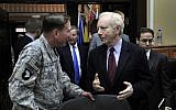 File: Then-senator Joe Lieberman, right, talking to Gen. David Petraeus at the International Security Assistance Force Headquarters in Afghanistan during a congressional delegation tour, Nov. 10, 2010. (Joshua Treadwell)