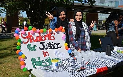 Illustrative: At UOIT outside Toronto, Students for Justice in Palestine activists staff their information table, 2016. (UOIT's SJP chapter Facebook page)
