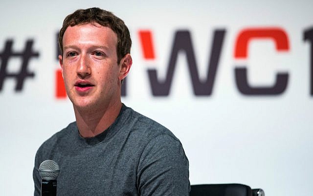 File: Facebook CEO Mark Zuckerberg speaks at the Mobile World Congress in Barcelona, Spain, March 2, 2015. (David Ramos/Getty Images via JTA) File: Facebook CEO Mark Zuckerberg speaks at the Mobile World Congress in Barcelona, Spain, March 2, 2015. (David Ramos/Getty Images via JTA)