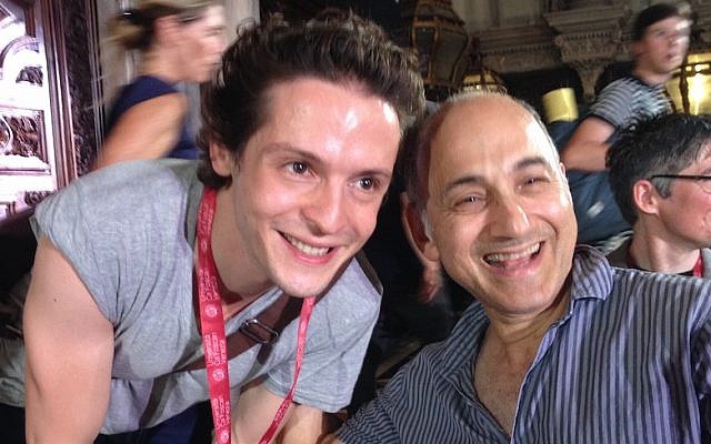 Actors Paul Spera, Ruth Bader Ginsburg’s grandson, who played Lorenzo, left, and Ned Eisenberg, who played one of the Shylocks in the Venetian production of ’The Merchant in [sic] Venice.’ (Ruth Ellen Gruber)