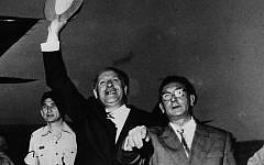 German industrialist Oskar Schindler waves after his arrival in Israel in 1962, to be honored for saving the lives of over 1,000 Jews during World War II. (Keystone/Getty Images via JTA)