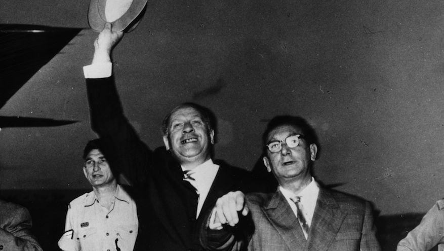 German industrialist Oskar Schindler waves after his arrival in Israel in 1962, to be honored for saving the lives of over 1,000 Jews during World War II. (Keystone/Getty Images via JTA) German industrialist Oskar Schindler waves after his arrival in Israel in 1962, to be honored for saving the lives of over 1,000 Jews during World War II. (Keystone/Getty Images via JTA)