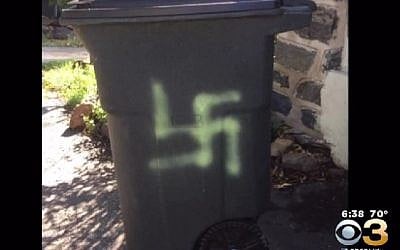 A swastika was painted on the trash can of Esther Cohen-Eskin in Haverton, Philadelphia August 19, 2016. (CBS3)