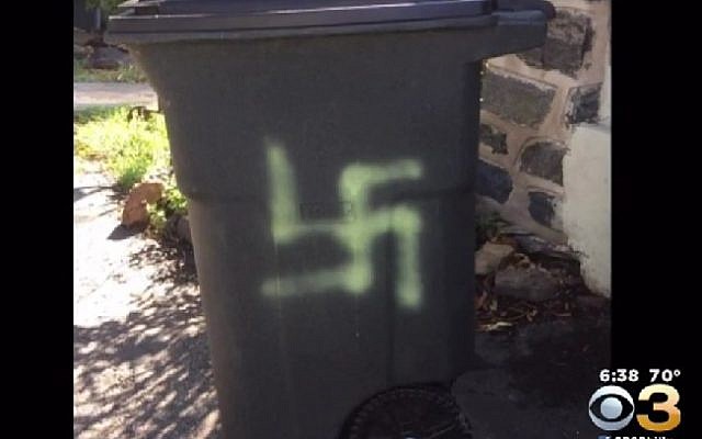 A swastika was painted on the trash can of Esther Cohen-Eskin in Haverton, Philadelphia August 19, 2016. (CBS3) A swastika was painted on the trash can of Esther Cohen-Eskin in Haverton, Philadelphia August 19, 2016. (CBS3)