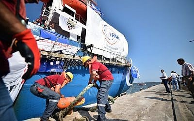 A ship named 'Lady Leyla' is seen as Turkish government sends humanitarian aid to Gaza after Turkish-Israeli reconciliation deal, in Mersin, Turkey on July 1, 2016. (Photo by Sezgin Pancar/Anadolu Agency/Getty Images)