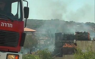 An Israel Aerospace Industries drone crashes into a home in the northern village of Zalafa, in Wadi Ara, August 9, 2016. (screen capture: Channel 2)