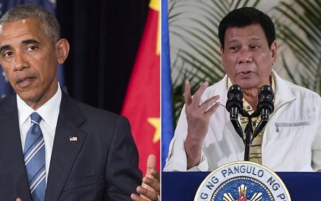 This combination image of two photographs taken on September 5, 2016 shows, at left, US President Barack Obama speaking during a press conference, and at right, Philippine President Rodrigo Duterte also speaking during a press conference in Davao City. (AFP / Saul Loeb and Manman Dejeto) This combination image of two photographs taken on September 5, 2016 shows, at left, US President Barack Obama speaking during a press conference, and at right, Philippine President Rodrigo Duterte also speaking during a press conference in Davao City. (AFP / Saul Loeb and Manman Dejeto)