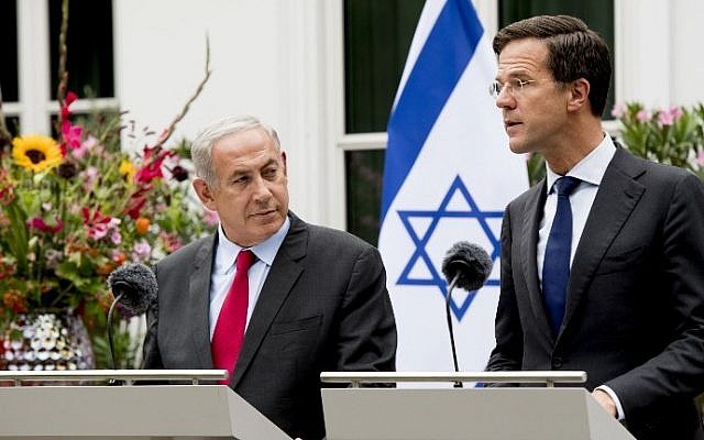 Prime Minister Benjamin Netanyahu, left, and Dutch Prime Minister Mark Rutte give a press conference in The Hague, September 6, 2016. (AFP/ANP) Prime Minister Benjamin Netanyahu, left, and Dutch Prime Minister Mark Rutte give a press conference in The Hague, September 6, 2016. (AFP/ANP)
