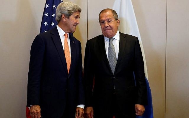 US Secretary of State John Kerry (L) and Russian Minister for Foreign Affairs Sergei Lavrov pose prior to a meeting to discuss the Syrian crisis on September 9, 2016, in Geneva. (AFP/Pool/Kevin Lamarque) US Secretary of State John Kerry (L) and Russian Minister for Foreign Affairs Sergei Lavrov pose prior to a meeting to discuss the Syrian crisis on September 9, 2016, in Geneva. (AFP/Pool/Kevin Lamarque)
