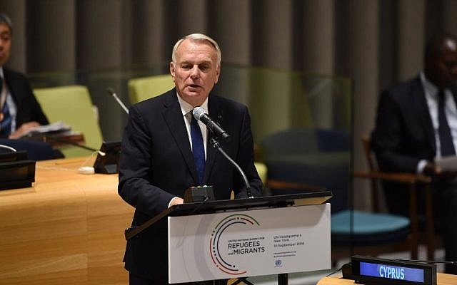 Jean-Marc Ayrault, French Minister of Foreign Affairs, speaks at the United Nations in New York September 19, 2016. (AFP/Timothy A. Clary) Jean-Marc Ayrault, French Minister of Foreign Affairs, speaks at the United Nations in New York September 19, 2016. (AFP/Timothy A. Clary)