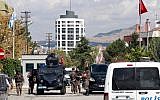 Illustrative photo: police special forces stand guard in front of the Israeli Embassy in Ankara, Turkey after a mentally disturbed Turkish man wielding a knife tried to storm the building, September 21, 2016. (AFP Photo/Adem Altan)