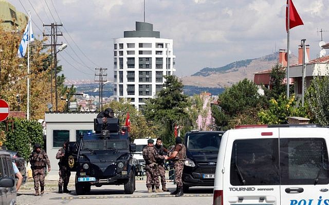 Police special forces stand guard in front of the Israeli Embassy in Ankara, Turkey after a mentally disturbed Turkish man wielding a knife tried to storm the building, September 21, 2016. (AFP Photo/Adem Altan) Police special forces stand guard in front of the Israeli Embassy in Ankara, Turkey after a mentally disturbed Turkish man wielding a knife tried to storm the building, September 21, 2016. (AFP Photo/Adem Altan)