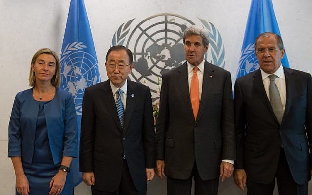 From left: EU High Representative Federica Mogherini, UN Secretary-General Ban Ki-moon, US Secretary of State John Kerry and Russian Foreign Minister Sergey Lavrov pose for photographers before a meeting of the Middle East Quartet at UN headquarters in New York on Sept. 23, 2016. (AFP PHOTO/Bryan R. Smith) From left: EU High Representative Federica Mogherini, UN Secretary-General Ban Ki-moon, US Secretary of State John Kerry and Russian Foreign Minister Sergey Lavrov pose for photographers before a meeting of the Middle East Quartet at UN headquarters in New York on Sept. 23, 2016. (AFP PHOTO/Bryan R. Smith)