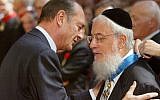 French President Jacques Chirac (L) hugging France's Chief Rabbi Joseph Sitruk, after honoring him with the medal of Commander of the National Order of Merit during a ceremony at the Elysee Palace in Paris, July 7, 2003 (Patrick Kovarik/AFP) 


Joseph Sitruk, who acted as Chief Rabbi of France for over 20 years, died on September 25, 2016 in Paris at the age of 71, the entourage of his successor Haim Korsia said. / AFP PHOTO / PATRICK KOVARIK