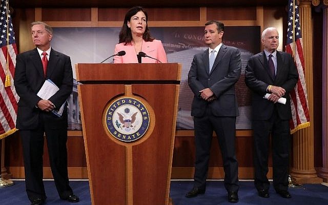 Sen. Lindsey Graham (R-SC), Sen. Kelly Ayotte (R-NH), Sen. John McCain (R-AZ) and Sen. Ted Cruz (R-TX) hold a news conference about military assistance to Israel at the U.S. Capitol September 20, 2016 in Washington, DC. (Chip Somodevilla/Getty Images/AFP) Sen. Lindsey Graham (R-SC), Sen. Kelly Ayotte (R-NH), Sen. John McCain (R-AZ) and Sen. Ted Cruz (R-TX) hold a news conference about military assistance to Israel at the U.S. Capitol September 20, 2016 in Washington, DC. (Chip Somodevilla/Getty Images/AFP)