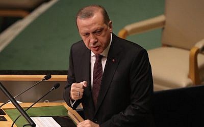 Turkish President Recep Tayyip Erdogan addresses the UN General Assembly in New York City, September 20, 2016. (Moore/Getty Images/AFP)