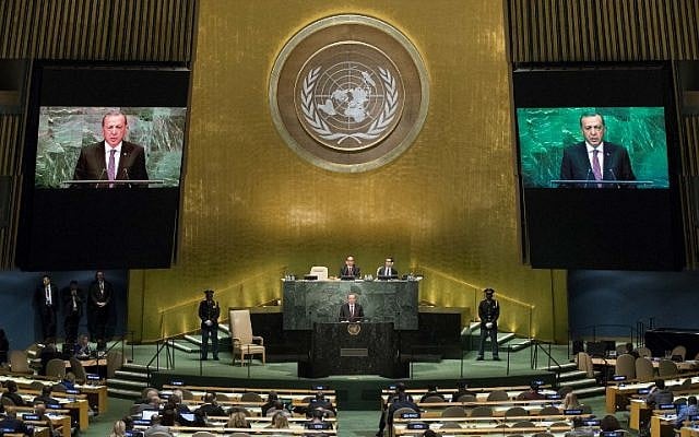 Turkish President Tiyyip Erdogan addresses the United Nations General Assembly in New York City, September 20, 2016. (Moore/Getty Images/AFP)
