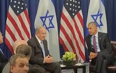 Prime Minister Benjamin Netanyahu, left, with US President Barack Obama before their meeting in New York, September 21, 2016. (Times of Israel/Raphael Ahren)