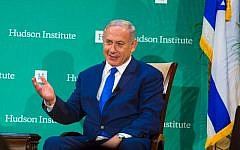 Prime Minister Benjamin Netanyahu speaking September 22 2016 at the Hudson Institute gala in New York City. (Rick Gilbert via JTA)