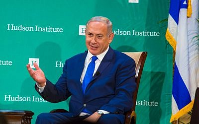 Prime Minister Benjamin Netanyahu speaking September 22 2016 at the Hudson Institute gala in New York City. (Rick Gilbert via JTA)