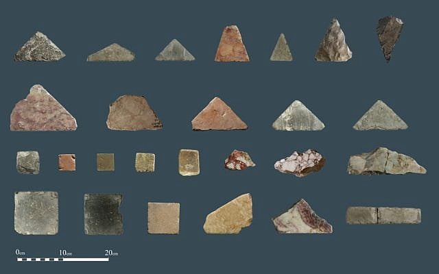 Marble floor tile fragments that archaeologists from the Temple Mount Sifting Project say are from the Herodian Temple in Jerusalem. (Temple Mount Sifting Project)