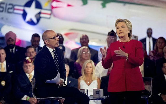 Democratic presidential candidate Hillary Clinton, with 'Today' show co-anchor Matt Lauer, left, speaks at the NBC Commander-In-Chief Forum held at the Intrepid Sea, Air and Space Museum aboard the decommissioned aircraft carrier Intrepid, New York, Wednesday, Sept. 7, 2016. (AP Photo/Andrew Harnik) Democratic presidential candidate Hillary Clinton, with 'Today' show co-anchor Matt Lauer, left, speaks at the NBC Commander-In-Chief Forum held at the Intrepid Sea, Air and Space Museum aboard the decommissioned aircraft carrier Intrepid, New York, Wednesday, Sept. 7, 2016. (AP Photo/Andrew Harnik)