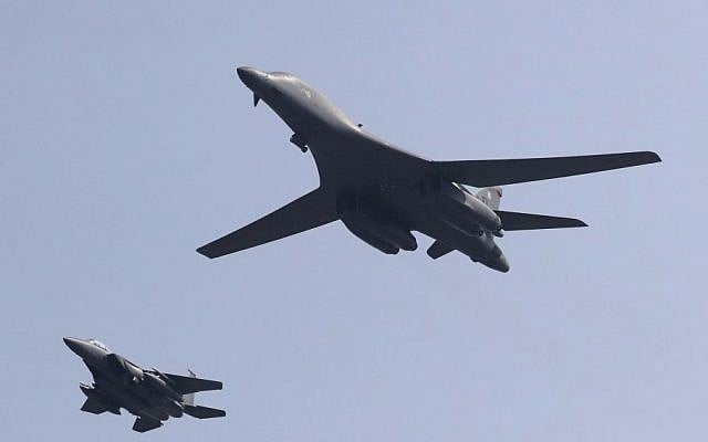 US B-1B bomber, right, flies over Osan Air Base with South Korean Air Forces jet in Pyeongtaek, South Korea, Tuesday, Sept. 13, 2016. (AP Photo/Lee Jin-man) US B-1B bomber, right, flies over Osan Air Base with South Korean Air Forces jet in Pyeongtaek, South Korea, Tuesday, Sept. 13, 2016. (AP Photo/Lee Jin-man)