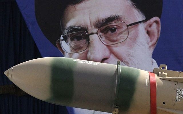 A Yaser missile is displayed by the Iranian army in front of a portrait of supreme leader Ayatollah Ali Khamenei during a parade marking National Army Day at the mausoleum of the late revolutionary founder Ayatollah Khomeini just outside Tehran, Iran, April 18, 2013. (AP/Vahid Salemi, File)