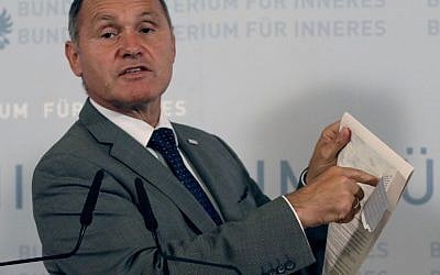Austrian Interior Minister Wolfgang Sobotka attends a press conference in Vienna, Austria, Monday, Monday, Sept. 12, 2016. (AP Photo/Ronald Zak)