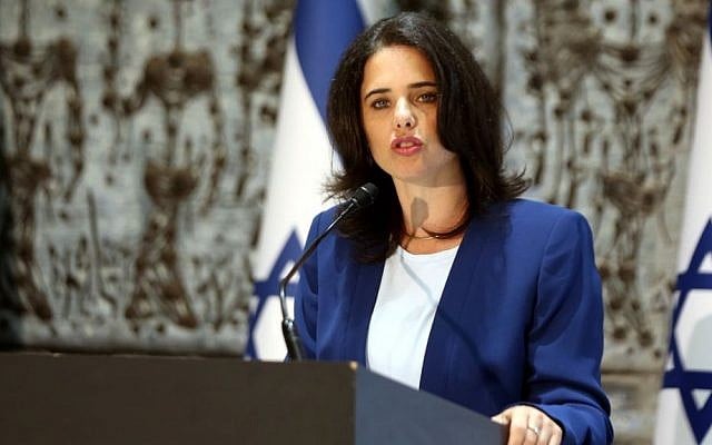Justice Minister Ayelet Shaked speaking in Jerusalem at a swearing-in ceremony for judges, July 28, 2016. (Yossi Zamir/Flash90/via JTA) Justice Minister Ayelet Shaked speaking in Jerusalem at a swearing-in ceremony for judges, July 28, 2016. (Yossi Zamir/Flash90/via JTA)