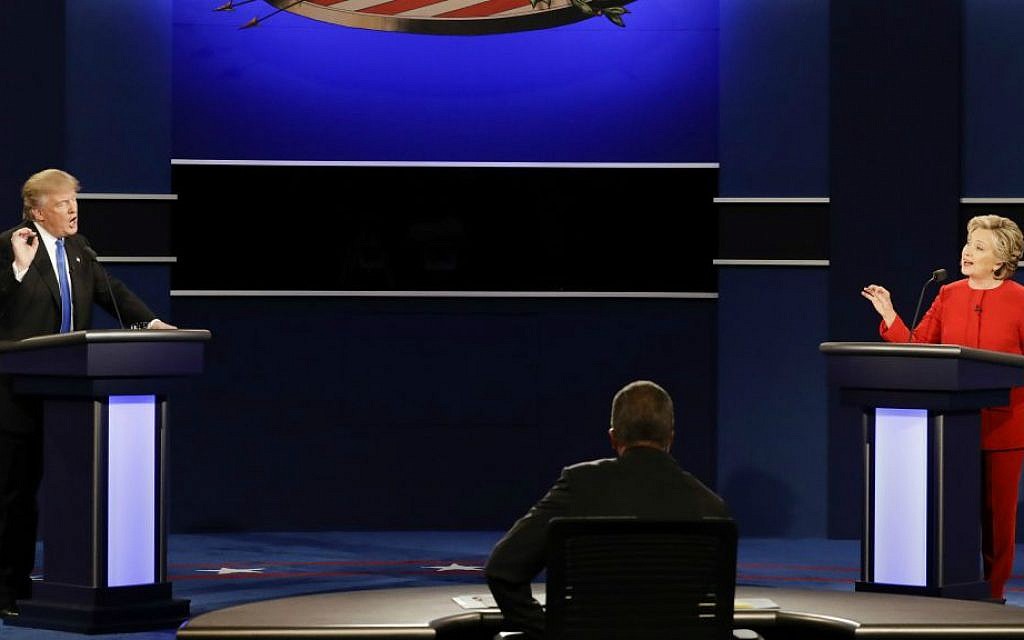 Republican presidential nominee Donald Trump and Democratic presidential nominee Hillary Clinton spar during the presidential debate at Hofstra University in Hempstead, New York, Monday, Sept. 26, 2016. (AP Photo/David Goldman) Republican presidential nominee Donald Trump and Democratic presidential nominee Hillary Clinton spar during the presidential debate at Hofstra University in Hempstead, New York, Monday, Sept. 26, 2016. (AP Photo/David Goldman)