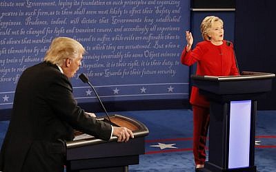 Republican presidential nominee Donald Trump and Democratic presidential nominee Hillary Clinton speak at the same time during the presidential debate at Hofstra University in Hempstead, New York, Monday, Sept. 26, 2016. (Rick T. Wilking/Pool via AP)