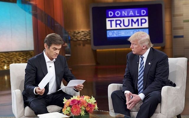 This image released by Sony Pictures Entertainment shows Dr. Oz, left, and Republican presidential candidate Donald Trump during a taping of "The Dr. Oz Show," in New York. The show will air on Thursday, Sept. 15. (Sony Pictures Entertainment via AP)