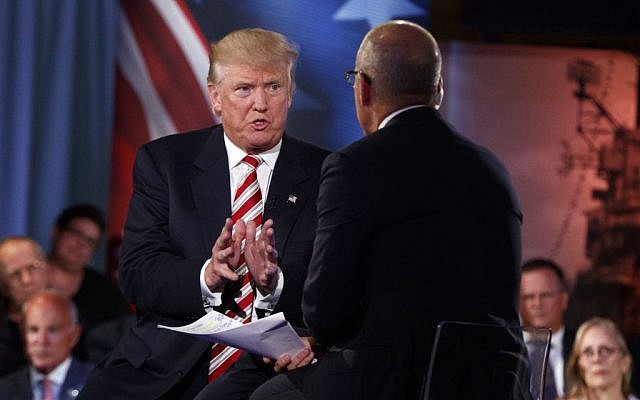 Republican presidential candidate Donald Trump speaks with 'Today' show co-anchor Matt Lauer at the NBC Commander-In-Chief Forum held at the Intrepid Sea, Air and Space museum aboard the decommissioned aircraft carrier Intrepid, New York, Wednesday, Sept. 7, 2016. (AP/Evan Vucci) Republican presidential candidate Donald Trump speaks with 'Today' show co-anchor Matt Lauer at the NBC Commander-In-Chief Forum held at the Intrepid Sea, Air and Space museum aboard the decommissioned aircraft carrier Intrepid, New York, Wednesday, Sept. 7, 2016. (AP/Evan Vucci)