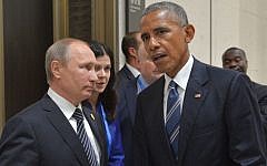 Russian President Vladimir Putin and US President Barack Obama meet at the G20 summit being held in Hangzhou in eastern China's Zhejiang province, September 5, 2016. (Alexei Druzhinin, Sputnik, Kremlin Pool Photo via AP)