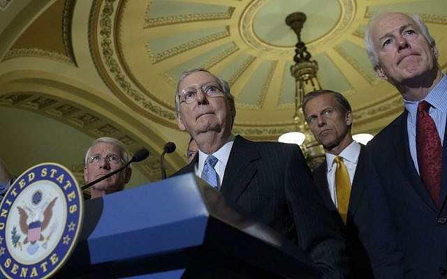 In this Sept. 13, 2016 file photo, Senate Majority Leader Mitch McConnell of Kentucky, second from left, standing with, from left, Sen. Roger Wicker, R-Mississippi, Sen. John Thune, R-South Dakota, and Senate Majority Whip John Cornyn, of Texas, at a press conference on Capitol Hill in Washington. (AP Photo/Susan Walsh, File) In this Sept. 13, 2016 file photo, Senate Majority Leader Mitch McConnell of Kentucky, second from left, standing with, from left, Sen. Roger Wicker, R-Mississippi, Sen. John Thune, R-South Dakota, and Senate Majority Whip John Cornyn, of Texas, at a press conference on Capitol Hill in Washington. (AP Photo/Susan Walsh, File)