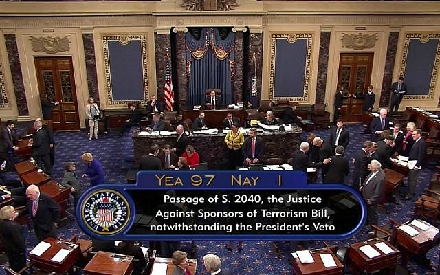 This frame grab from video provided by C-SPAN2 shows the floor of the Senate on Capitol Hill in Washington, Wednesday, Sept. 28, 2016, as the Senate acted decisively to override President Barack Obama's veto of Sept. 11 legislation, setting the stage for the contentious bill to become law despite flaws that Obama and top Pentagon officials warn could put US troops and interests at risk. (C-SPAN2 via AP) This frame grab from video provided by C-SPAN2 shows the floor of the Senate on Capitol Hill in Washington, Wednesday, Sept. 28, 2016, as the Senate acted decisively to override President Barack Obama's veto of Sept. 11 legislation, setting the stage for the contentious bill to become law despite flaws that Obama and top Pentagon officials warn could put US troops and interests at risk. (C-SPAN2 via AP)