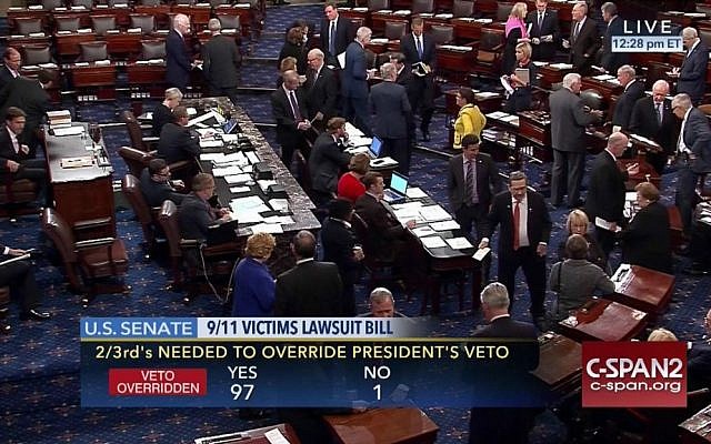 This frame grab from video provided by C-SPAN2 shows the floor of the Senate on Capitol Hill in Washington, Wednesday, Sept. 28, 2016, as the Senate acted decisively to override President Barack Obama's veto of Sept. 11 legislation, setting the stage for the contentious bill to become law despite flaws that Obama and top Pentagon officials warn could put US troops and interests at risk. (C-SPAN2 via AP) This frame grab from video provided by C-SPAN2 shows the floor of the Senate on Capitol Hill in Washington, Wednesday, Sept. 28, 2016, as the Senate acted decisively to override President Barack Obama's veto of Sept. 11 legislation, setting the stage for the contentious bill to become law despite flaws that Obama and top Pentagon officials warn could put US troops and interests at risk. (C-SPAN2 via AP)