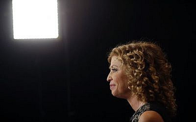 Debbie Wasserman Schultz sitting for an interview in the spin room inside the Wynn Resorts Ltd. resort and casino before the first Democratic presidential debate in Las Vegas, October 13, 2015. (Luke Sharrett/Bloomberg via Getty Images/JTA)