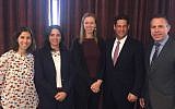 Public security minister Gilad Erdan (Right), and Facebook's Joel Kaplan and Monika Bickert together with justice minister Ayelet Shaked at meeting on Sept. 12, 2016 (Courtesy)