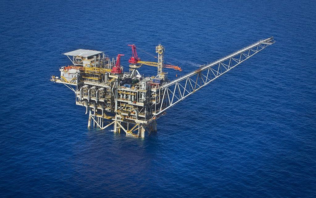 An aerial view of the Israeli Tamar gas processing rig 24 kilometers off the Israeli southern coast of Ashkelon.