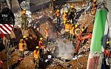 Israeli rescue workers at the site where a building collapsed in Tel Aviv's Ramat Hahayal neighborhood, September 6, 2016. (Miriam Alster/Flash90)