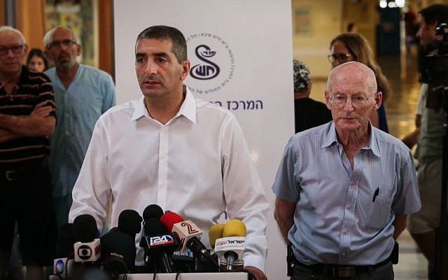 Head of the Sheba Medical Center, Itzhak Krais, and Professor Raphy Walden, son-in -law and personal physician of former Israeli president Shimon Peres, speak with media at the hospital on September 14, 2016. (Miriam Alster/Flash90) Head of the Sheba Medical Center, Itzhak Krais, and Professor Raphy Walden, son-in -law and personal physician of former Israeli president Shimon Peres, speak with media at the hospital on September 14, 2016. (Miriam Alster/Flash90)