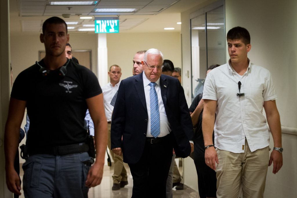 President Reuven Rivlin at the Sheba Medical Center in Tel Aviv on September 17, 2016, where he visited his predecessor Shimon Peres, who was hospitalized days earlier after suffering a stroke. (Miriam Alster/Flash90) President Reuven Rivlin at the Sheba Medical Center in Tel Aviv on September 17, 2016, where he visited his predecessor Shimon Peres, who was hospitalized days earlier after suffering a stroke. (Miriam Alster/Flash90)