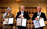 (R-L) Israeli Prime Minister Yitzhak Rabin, Israeli Foreign Minister Shimon Peres and Palestinian leader Yasser Arafat, the joint Nobel Peace Prize winners for 1994, in Olso, Norway. (Government Press Office via Getty Images)
